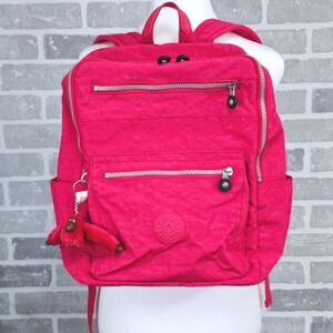 Kipling Caity Book Bag Hot Pink Nylon Backpack Monkey Keychain School Travel